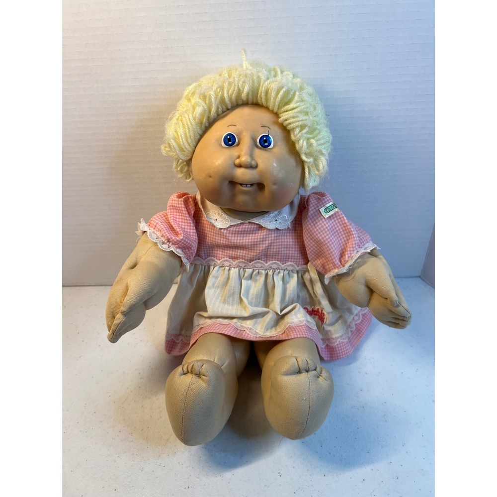 Vtg 1982 Cabbage Patch Kids Doll Blonde Yarn Hair Blue Eyes Pink Gingham Dress